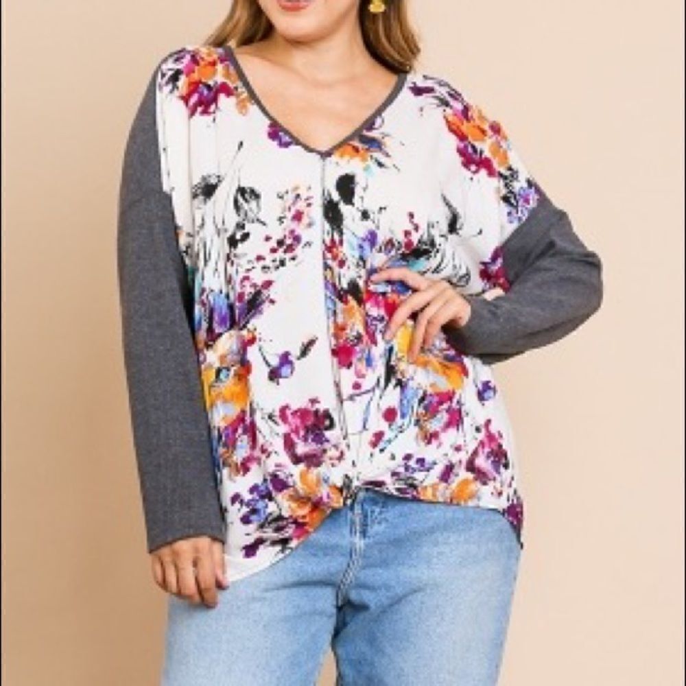 Long Sleeve Waffle Knit Front Floral Print V-Neck Top with Gathered Knot Detail - Picture 2 of 3